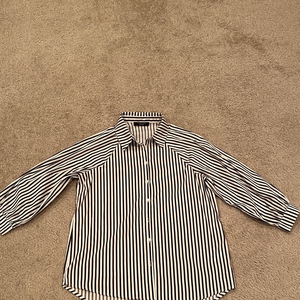 T Tahari Black and White Striped Women's Button Down Shirt